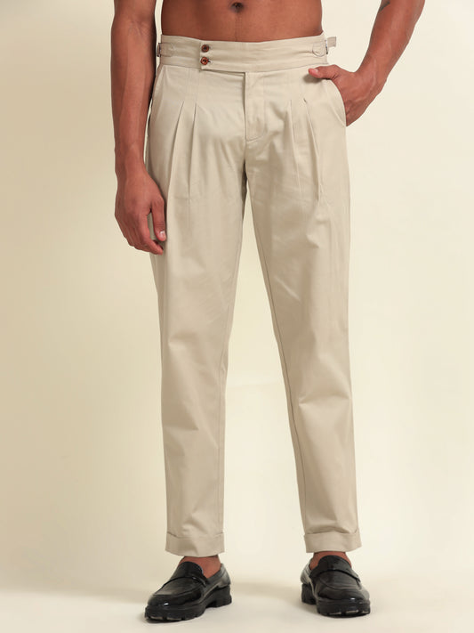 Double Pleat Straight Fit Pants- Beige